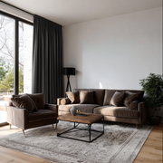 Dark Grey Velvet Rod Pocket Curtains in a Modern Living Room with Taupe Seating