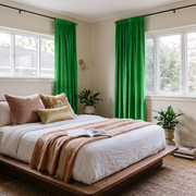 Lime Green Velvet Rod Pocket Curtains in a Minimal Bedroom with Beige Walls and Blush Accents