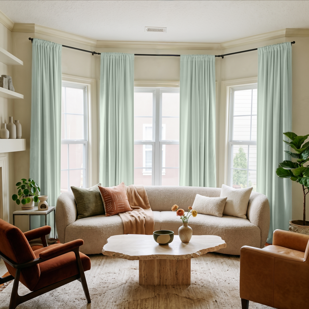 Mint Green Velvet Rod Pocket Curtains in a Bright Living Room with a Curved Cream Sofa and Cognac Leather Chairs