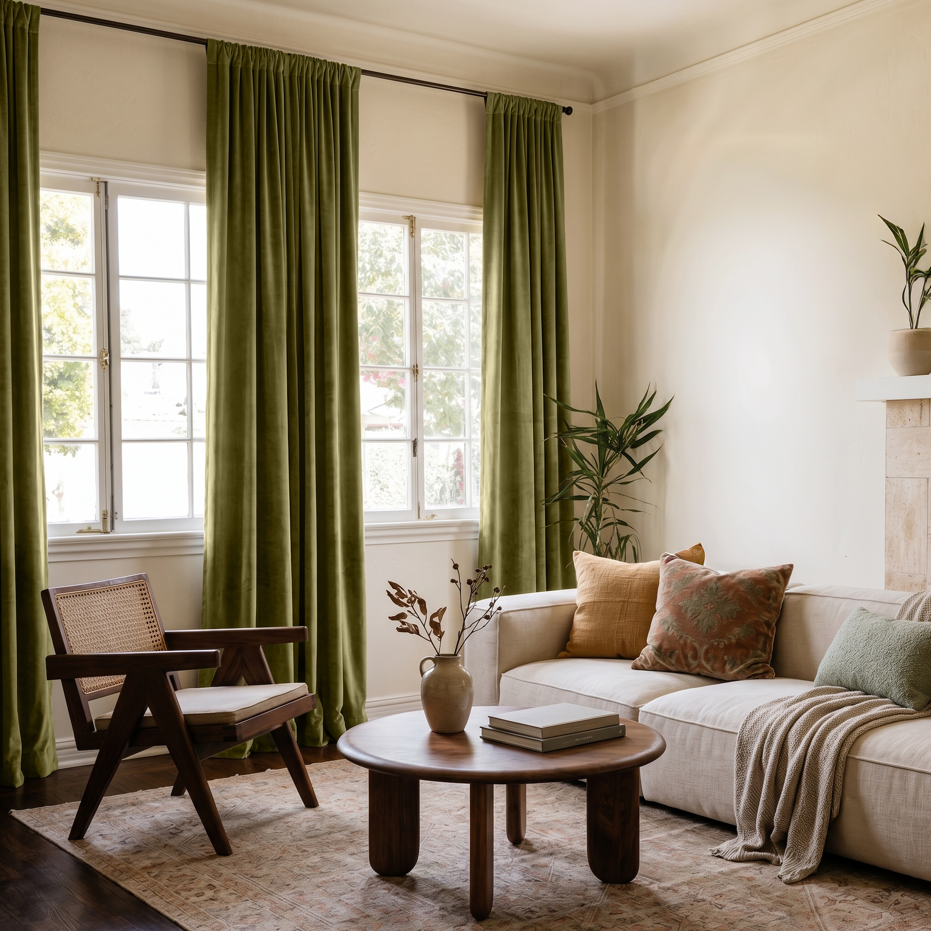 Moss Green Velvet Rod Pocket Curtains in a Cozy Living Room with a White Sofa and Walnut Coffee Table
