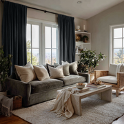 Steel Black Velvet Rod Pocket Curtains in a Cozy Transitional Living Room with Neutral Textures