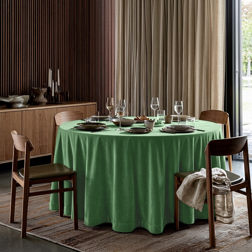 Fern Green Velvet Round Tablecloth in a Contemporary Dining Room with Dark Wood Slat Walls