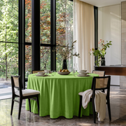 Light Green Velvet Round Tablecloth in a Modern Garden Dining Room