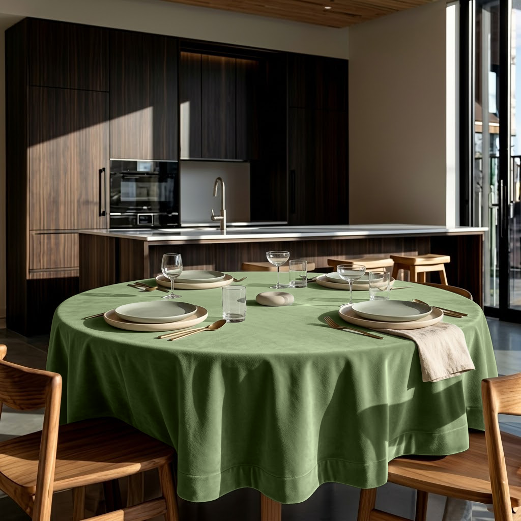 Sage Green Velvet Round Tablecloth in a Modern Kitchen with Dark Wood Cabinetry