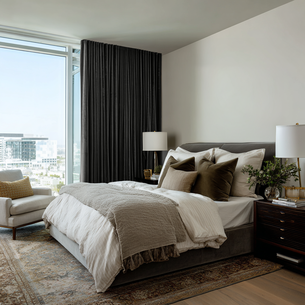Dark Grey Velvet S-Fold Curtains in a Modern Bedroom with Layered Neutral Bedding