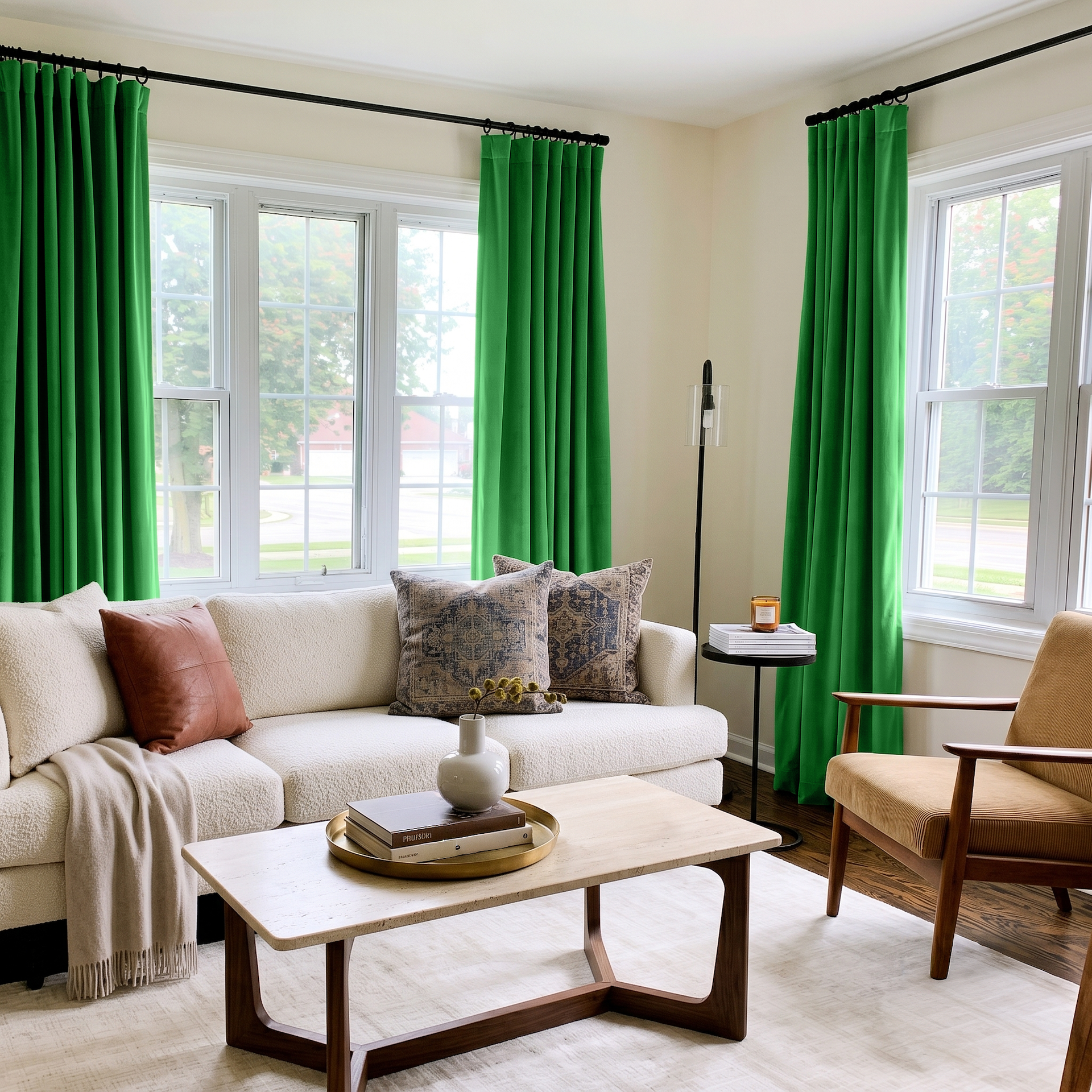 Lime Green Velvet S-Fold Curtains in a Bright Living Room with a Cream Sofa and a Tan Armchair