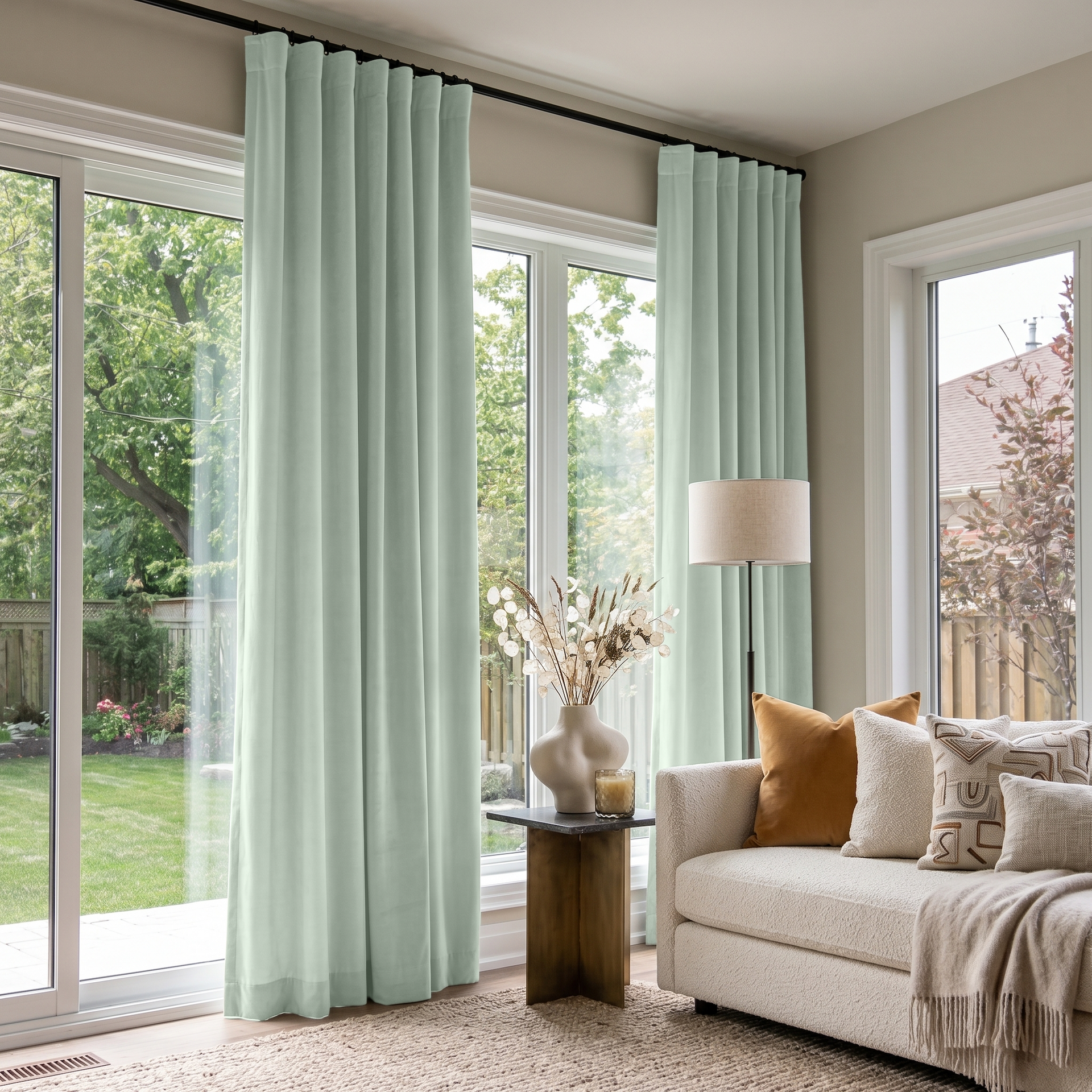 Mint Green Velvet S-Fold Curtains in a Bright Living Room with a White Bouclé Sofa and Mustard Accents