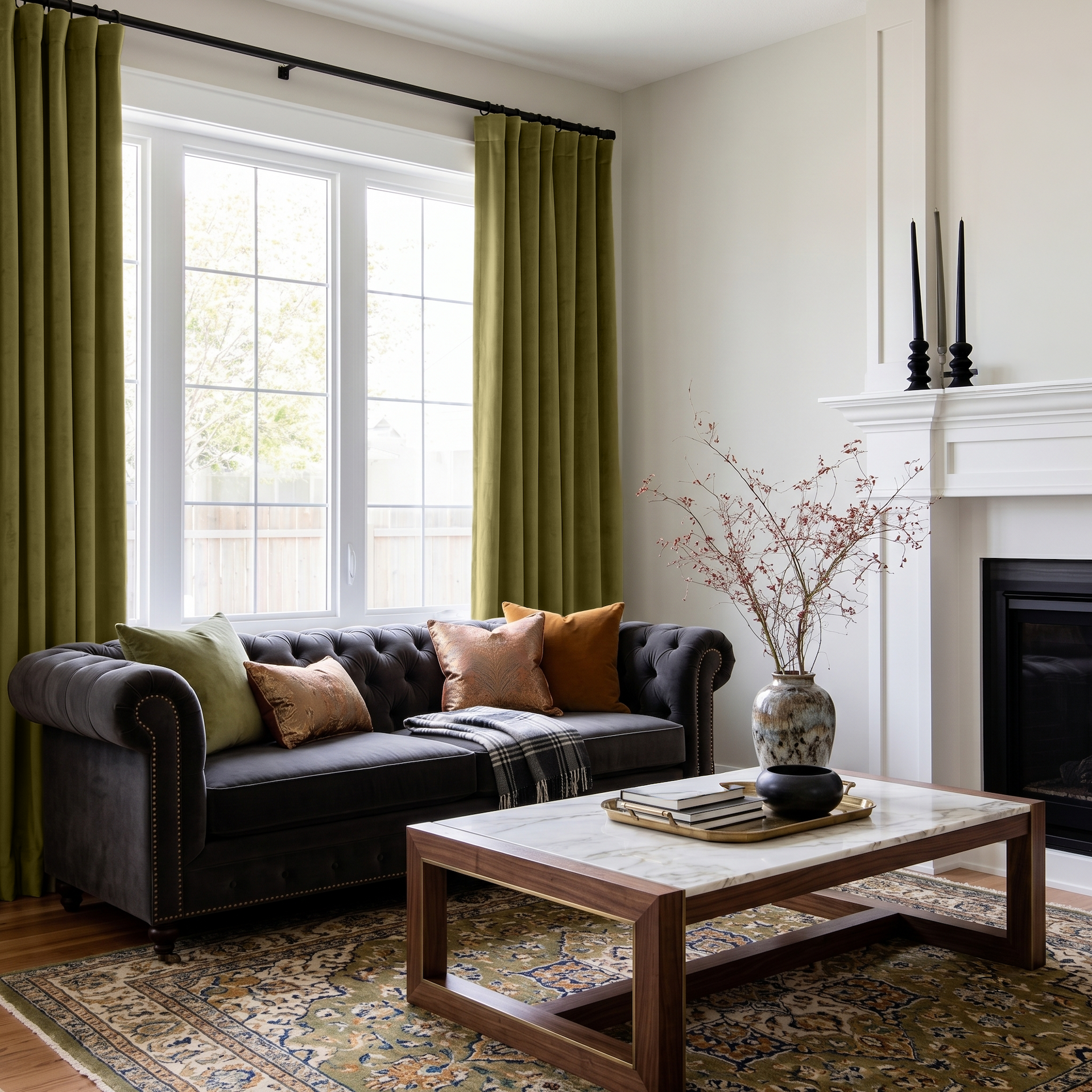 Moss Green Velvet S-Fold Curtains in a Traditional Living Room with a White Fireplace and Charcoal Chesterfield Sofa