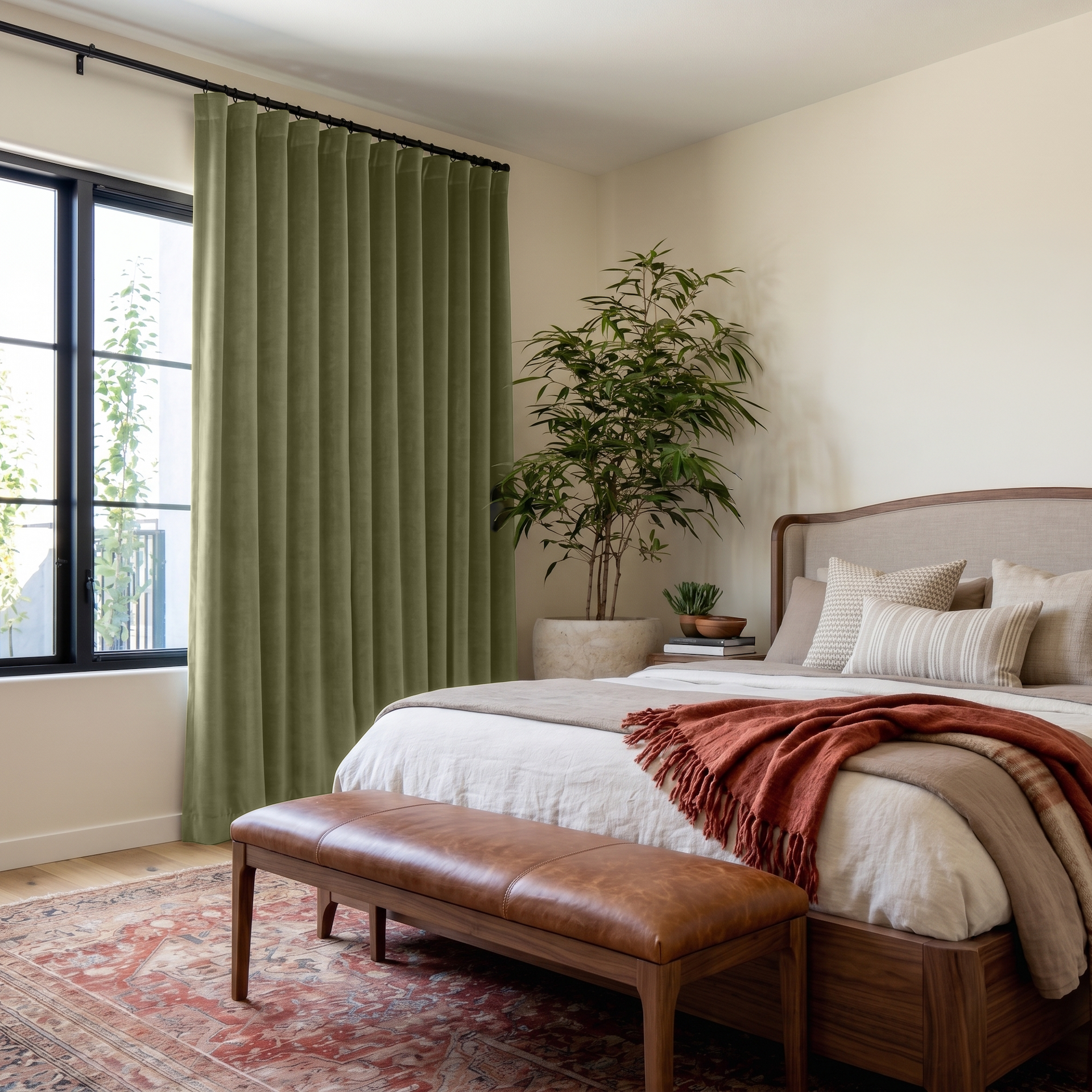 Olive Green Velvet S-Fold Curtains in a Modern Bedroom with Warm White Walls