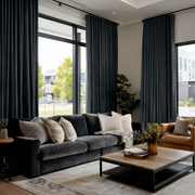 Steel Black Velvet S-Fold Curtains in a Contemporary Living Room with a Charcoal Sofa