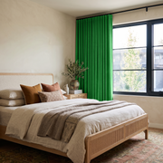 Lime Green Velvet S-Fold Curtains in an Organic Bedroom with Cream Bedding and a Rattan Bed