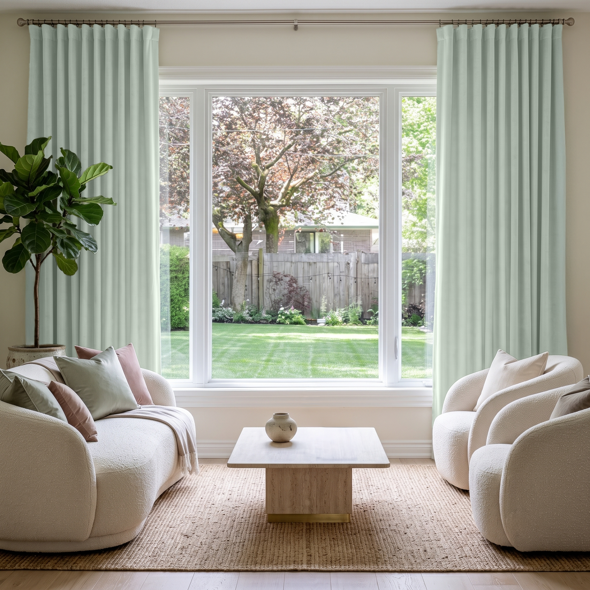 Mint Green Velvet S-Fold Curtains in a Minimal Living Room with Cream Seating and a Natural Wood Coffee Table