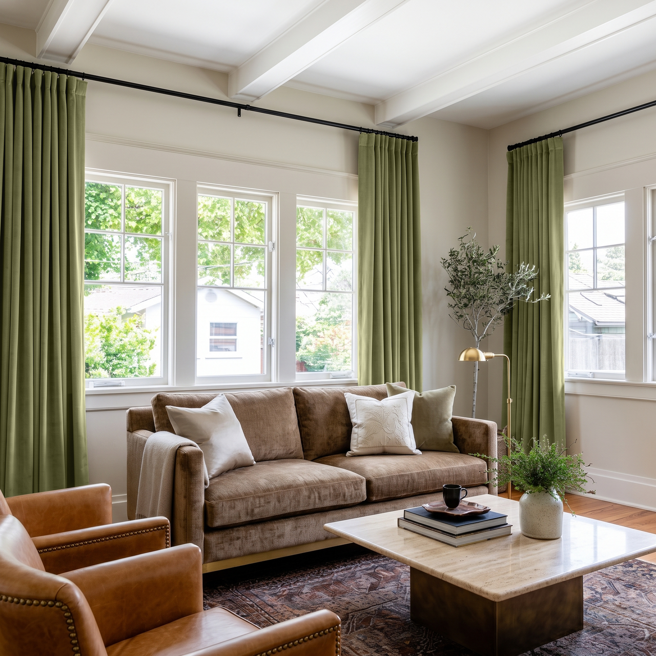 Olive Green Velvet S-Fold Curtains in an Elegant Living Room with Warm Greige Walls