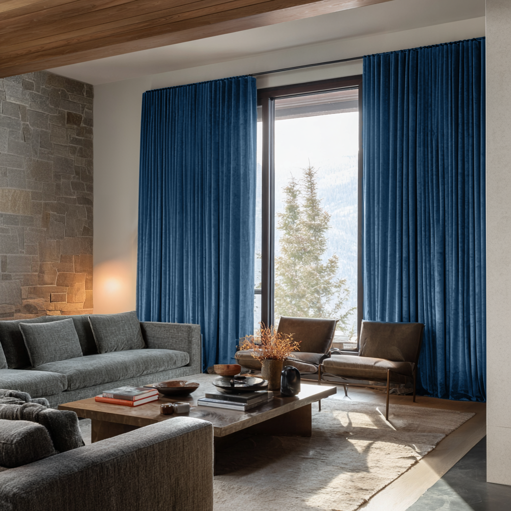 Steel Blue Velvet Soundproof Curtains with Multitape