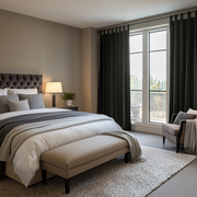 Dark Grey Velvet Tab Top Curtains in a Contemporary Bedroom with a Tufted Headboard