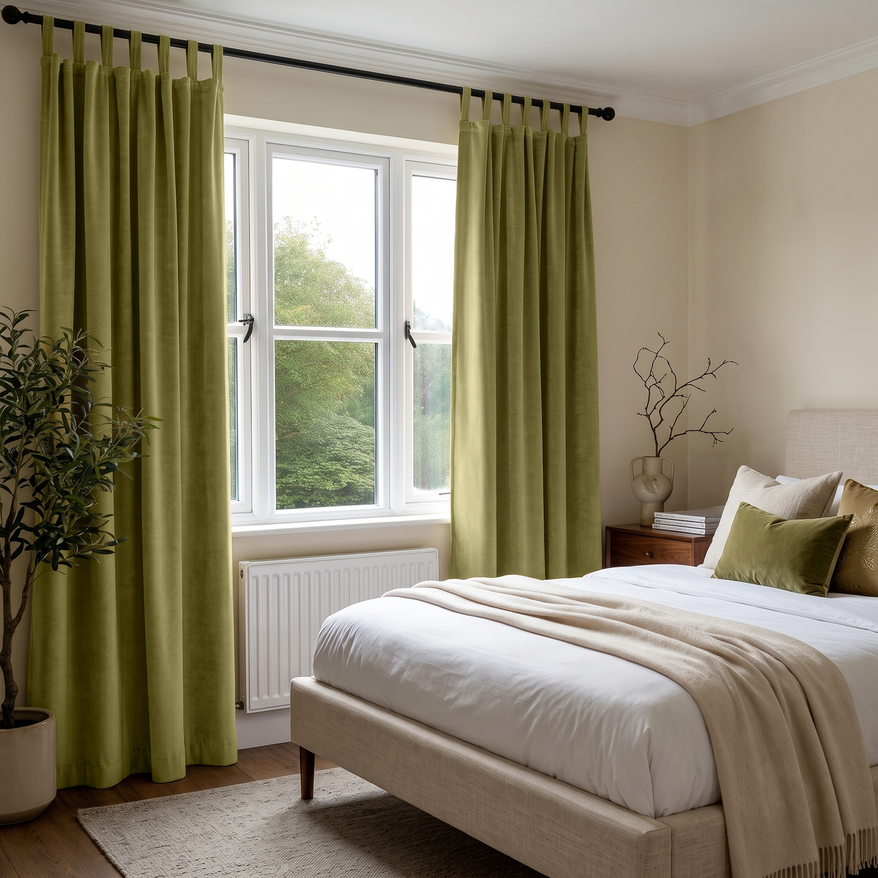 Moss Green Velvet Tab Top Curtains in a Modern Bedroom with White Bedding and a Beige Upholstered Bed