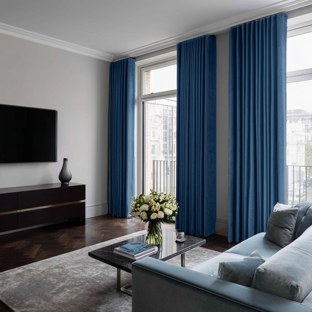 Steel Blue Velvet Thermal Curtains with Multitape
