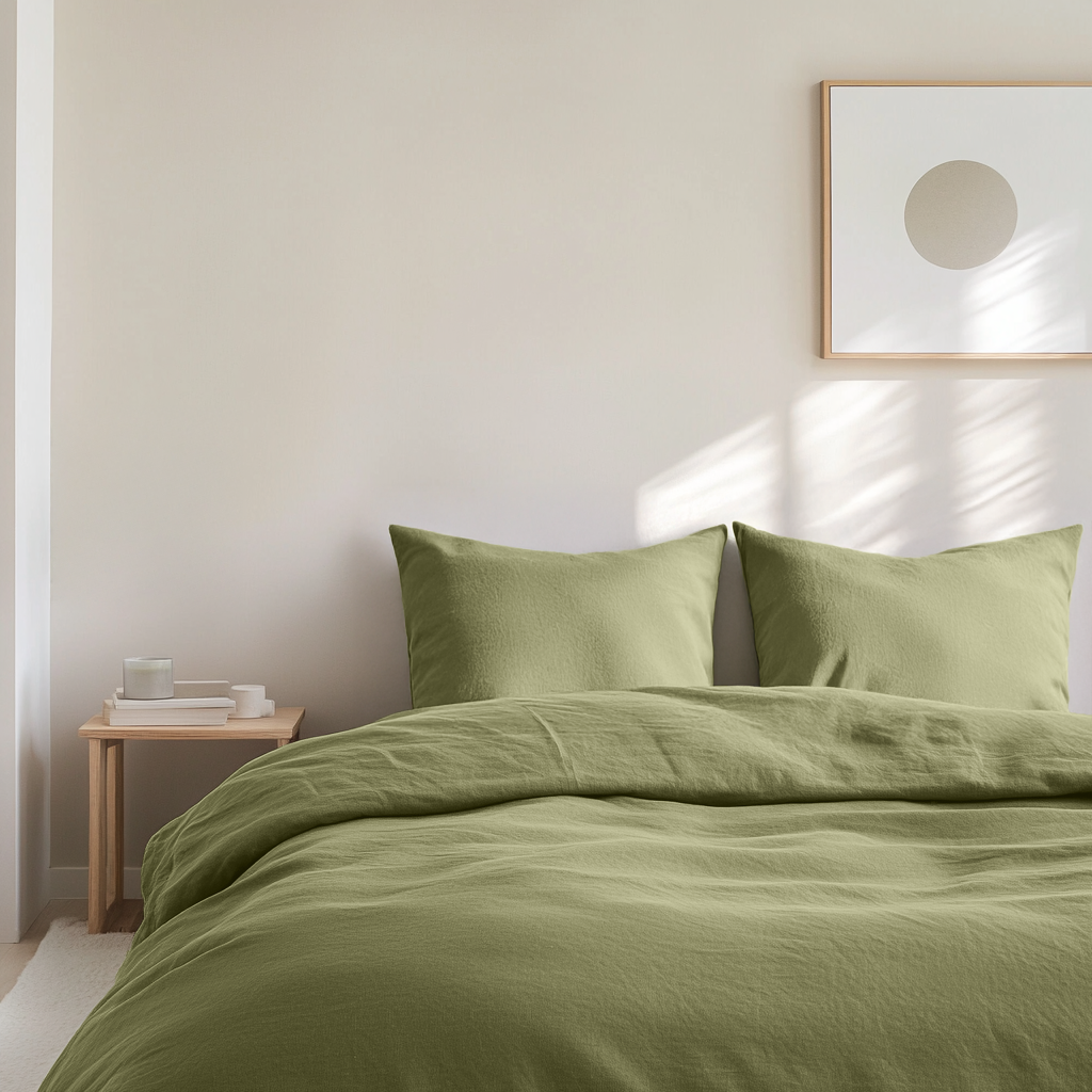 Olive Green Washed Linen Duvet Cover Set