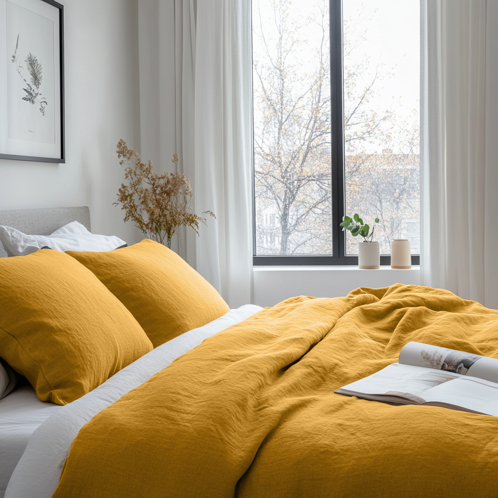Mustard Yellow Washed Linen Duvet Cover Set
