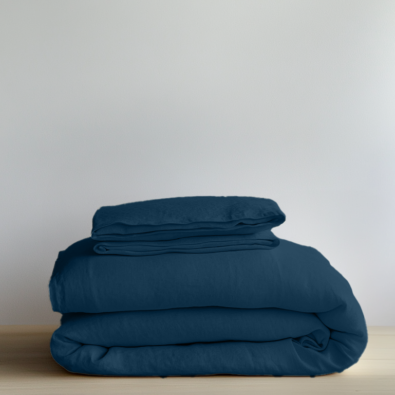 Peacock Blue Washed Linen Duvet Cover Set