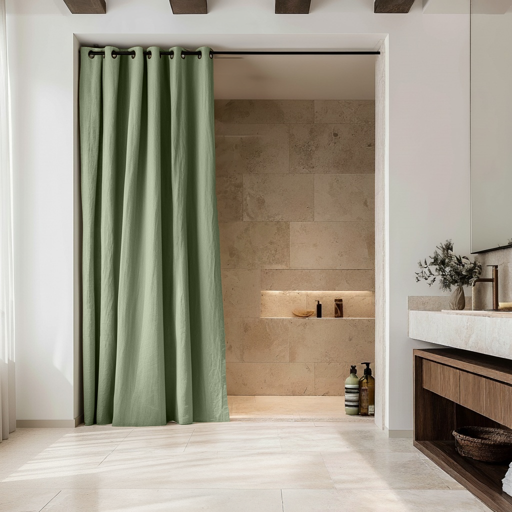 Waterproof Asparagus Green Hookless Linen Shower Curtain