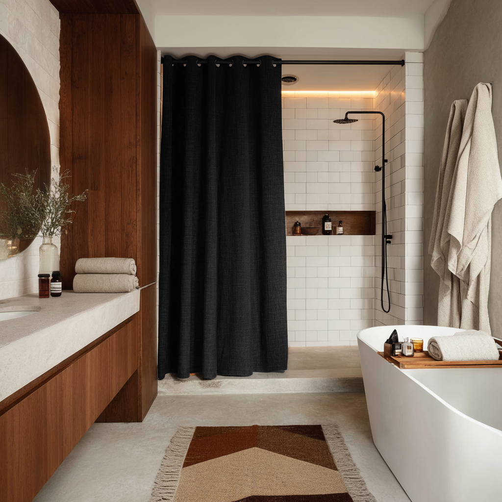 Waterproof Black Hookless Linen Shower Curtain