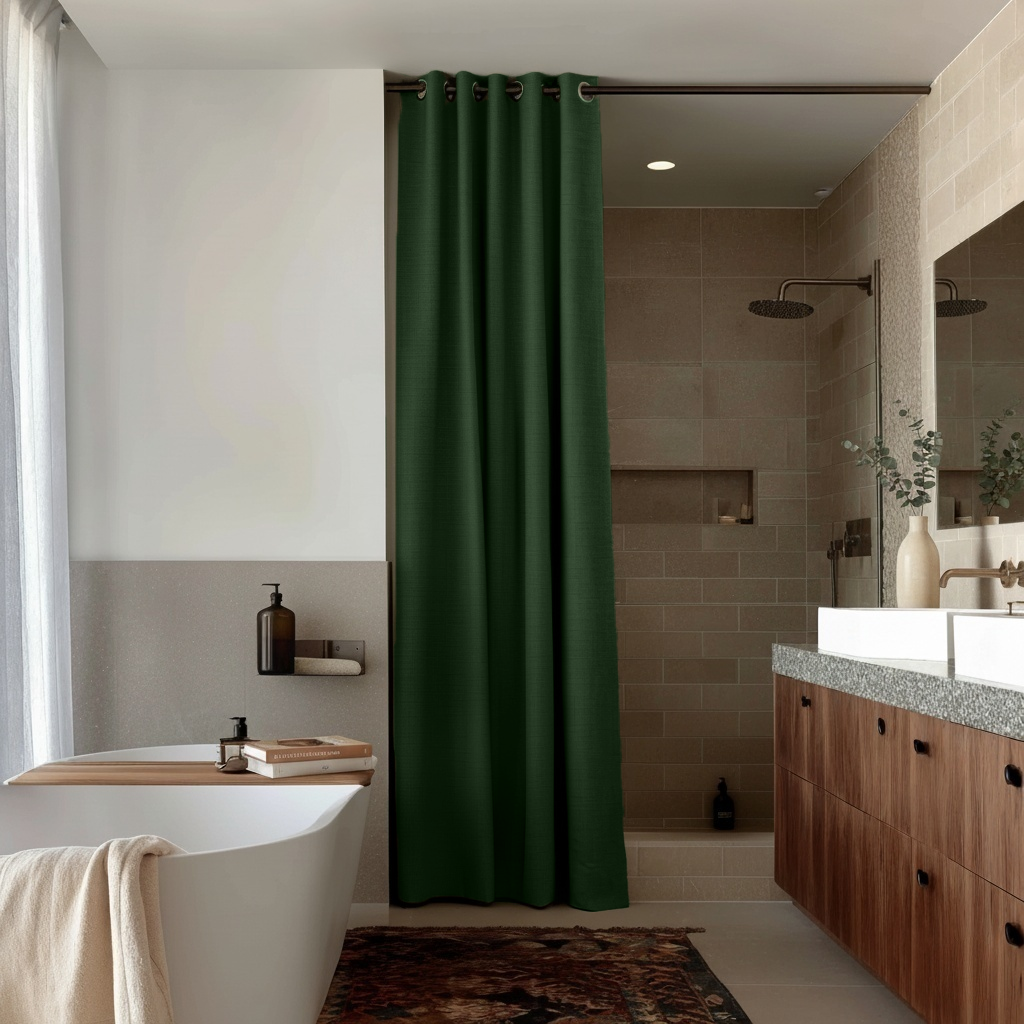 Waterproof Forest Green Hookless Linen Shower Curtain