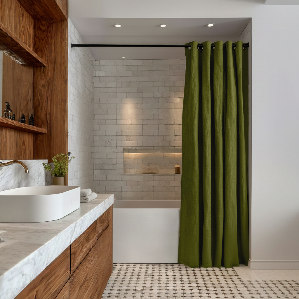Waterproof Moss Green Hookless Linen Shower Curtain