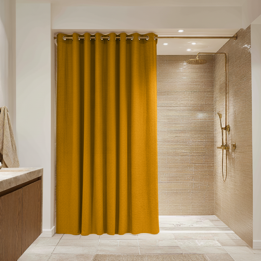 Waterproof Mustard Yellow Hookless Linen Shower Curtain
