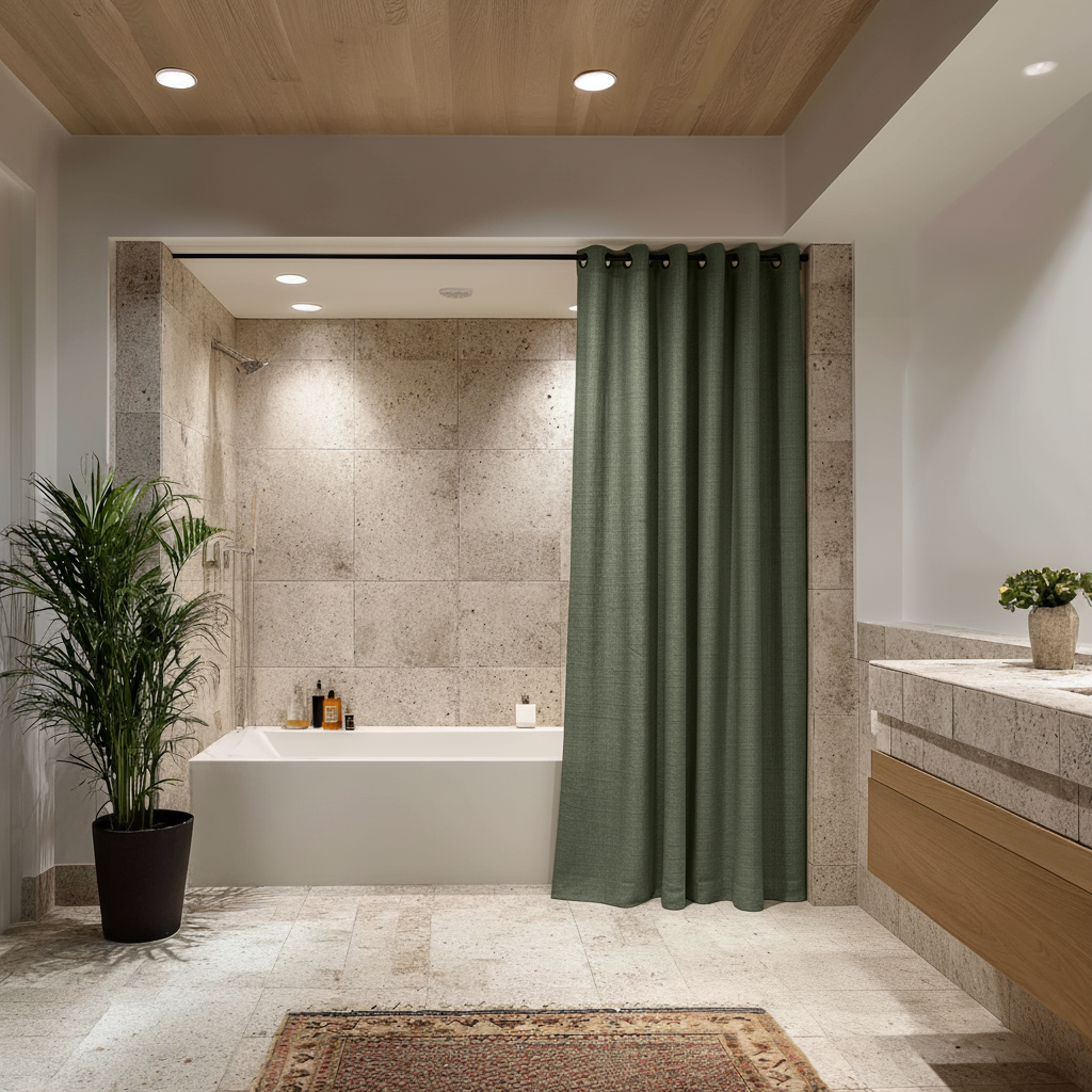 Waterproof Sage Green Hookless Linen Shower Curtain