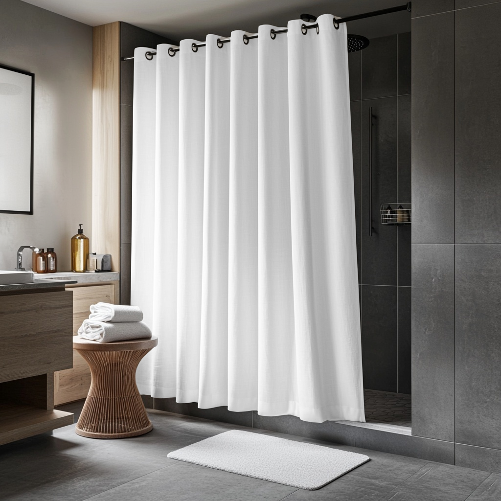 White Hookless Linen Shower Curtain