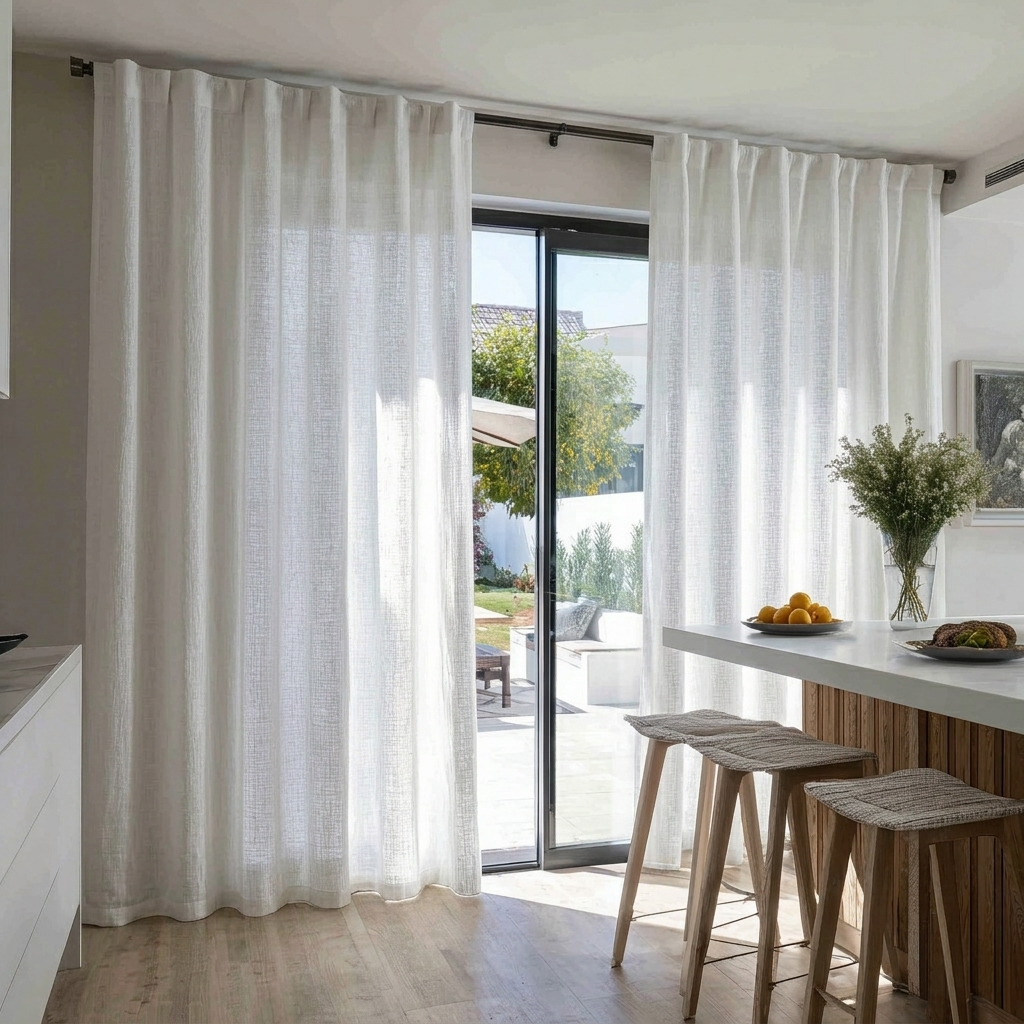White Linen Back Tab Curtains for Bifold Doors in a Dining Room with Warm White Walls