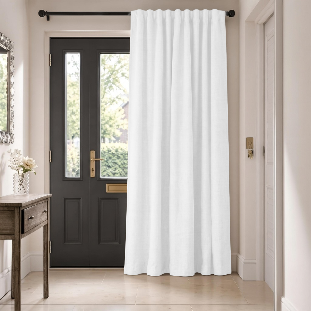 Thermal Door Curtains Back Tabs in a Hallway with Off-White Walls and a Dark Gray Entry Door