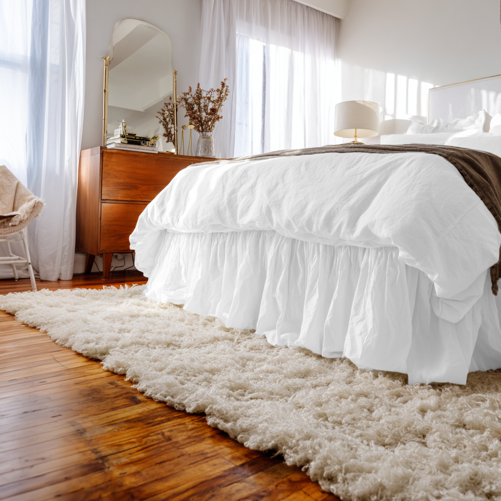 White Linen Bed Skirt Valance with Gathered Ruffles