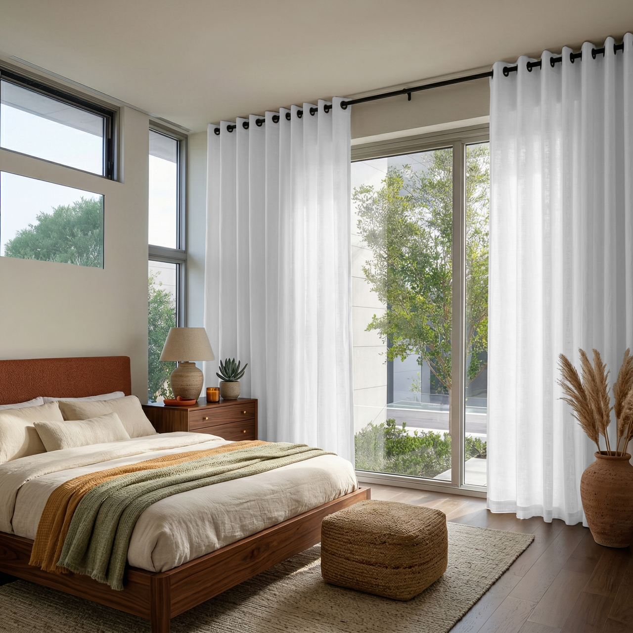 White Linen Eyelet Curtains in a Bright Neutral Bedroom With a Wooden Bed