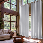 White Linen Eyelets Extra Long Curtains in a Rustic Contemporary Living Room with Exposed Wood Beams and Floor-to-Ceiling Windows