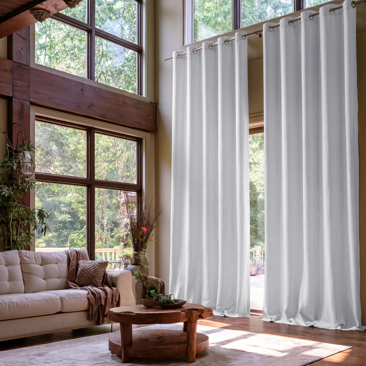 White Linen Eyelets Extra Long Curtains in a Rustic Contemporary Living Room with Exposed Wood Beams and Floor-to-Ceiling Windows