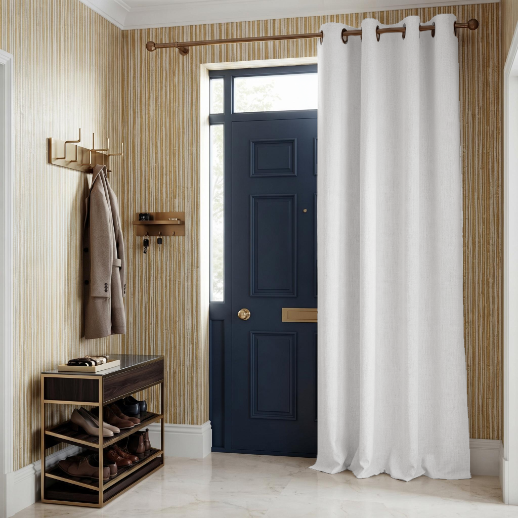 Thermal Door Curtains Eyelets in a Hallway with Textured Gold Wallpaper and a Dark Wood Shoe Bench