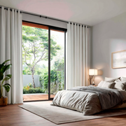 White Linen Eyelet Curtains for Bifold Doors in a Living Room with Light Grey Walls - Blackout Lining
