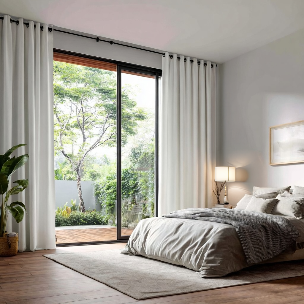 White Linen Eyelet Curtains for Bifold Doors in a Living Room with Light Grey Walls - Blackout Lining
