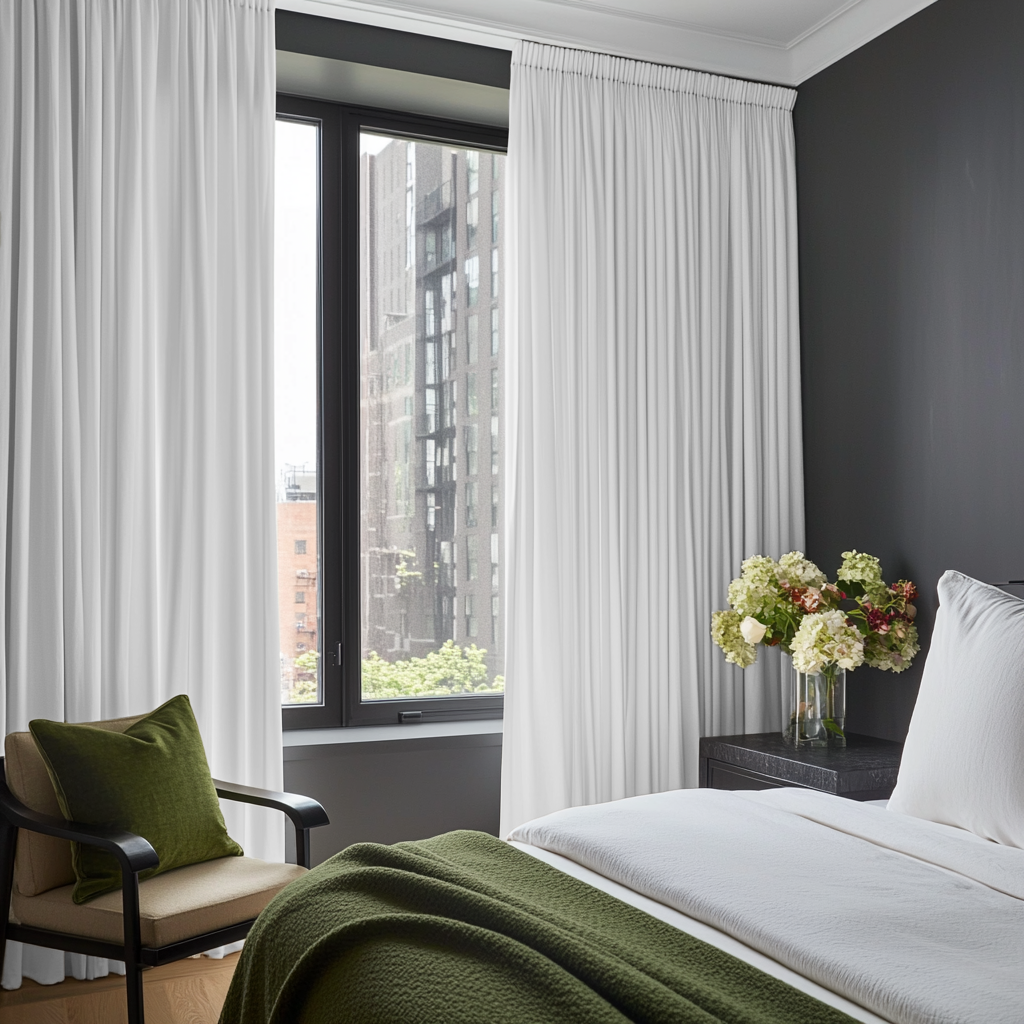 White Linen Pencil Pleat Bedroom Curtains in a Contemporary Bedroom with Charcoal Grey Walls and Olive Green Accents - Blackout Lining