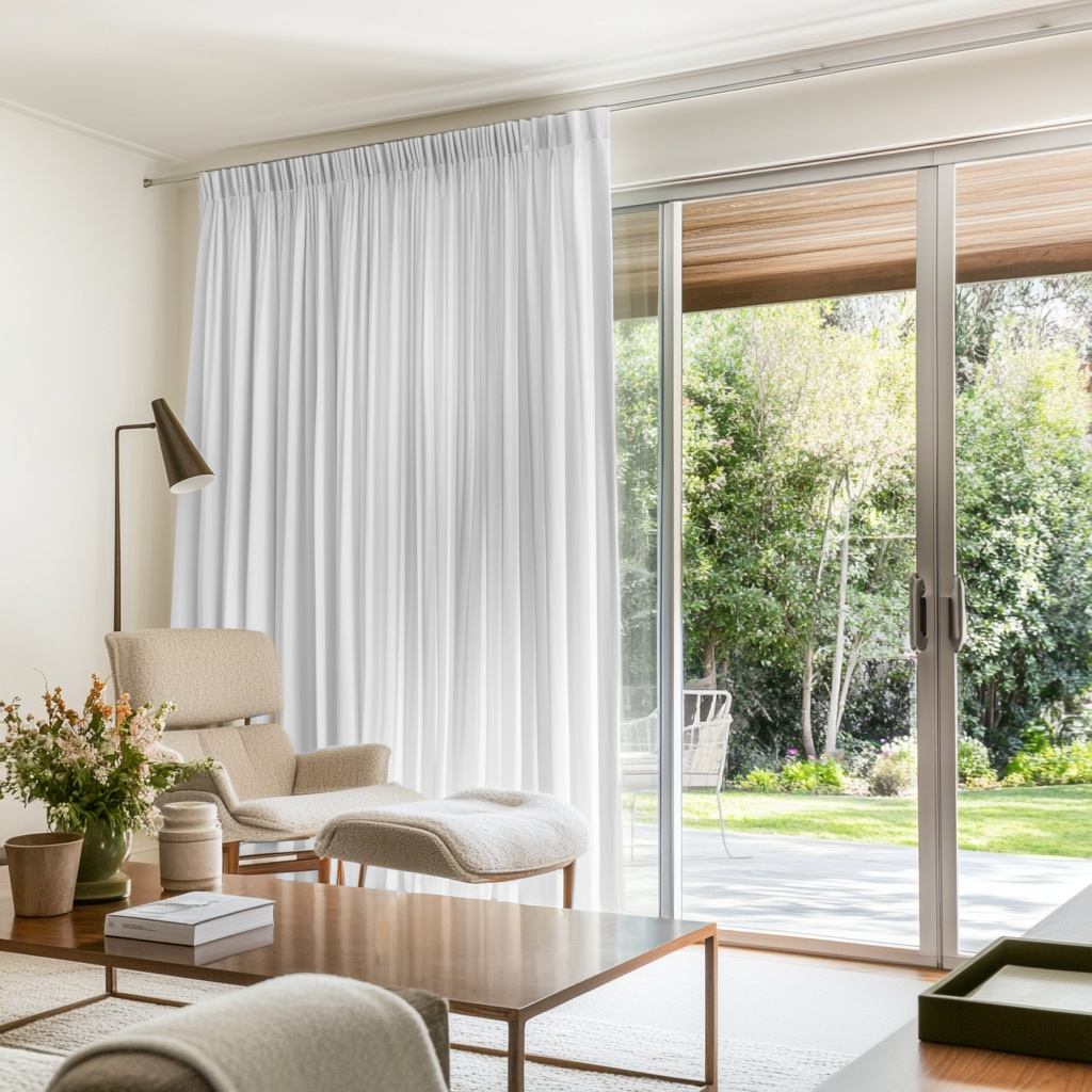 White Linen Pencil Pleat Curtains for Bifold Doors in a Living Room with Cream Walls - Cotton Lining