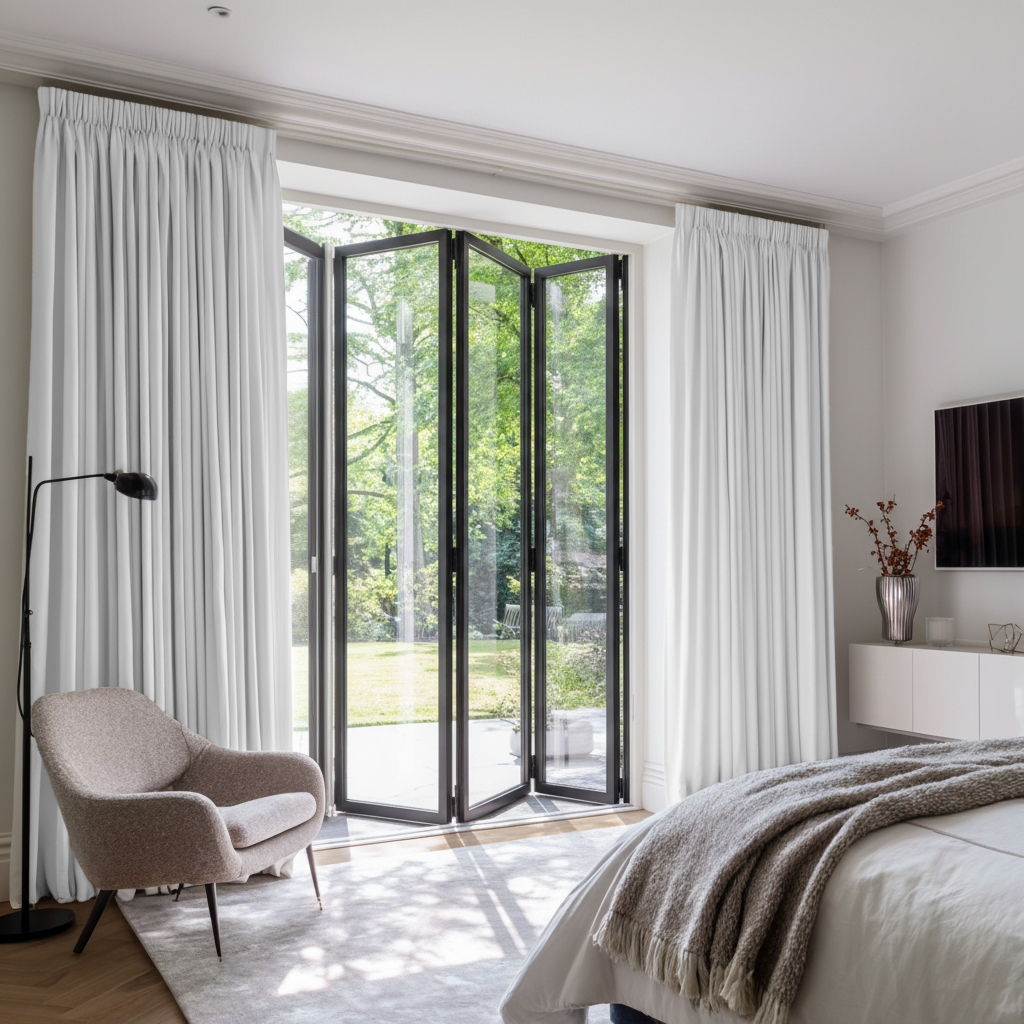 White Linen Pencil Pleat Thermal Curtains for Bifold Doors