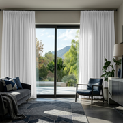 White Linen Pinch Pleat Curtains for Large Sliding Doors in a Living Room with Grey  Walls - Cotton Lining