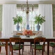 White Linen Rod Pocket Dining Room Curtain in a Traditional Dining Room with Green Botanical Wallpaper, a Marble-Topped Table and Blue Porcelain Vases - Blackout Lining