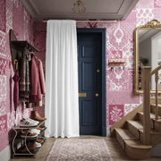 Thermal Door Curtains Rod Pocket in a Hallway with Patterned Magenta Wallpaper and an Ornate Gold Mirror