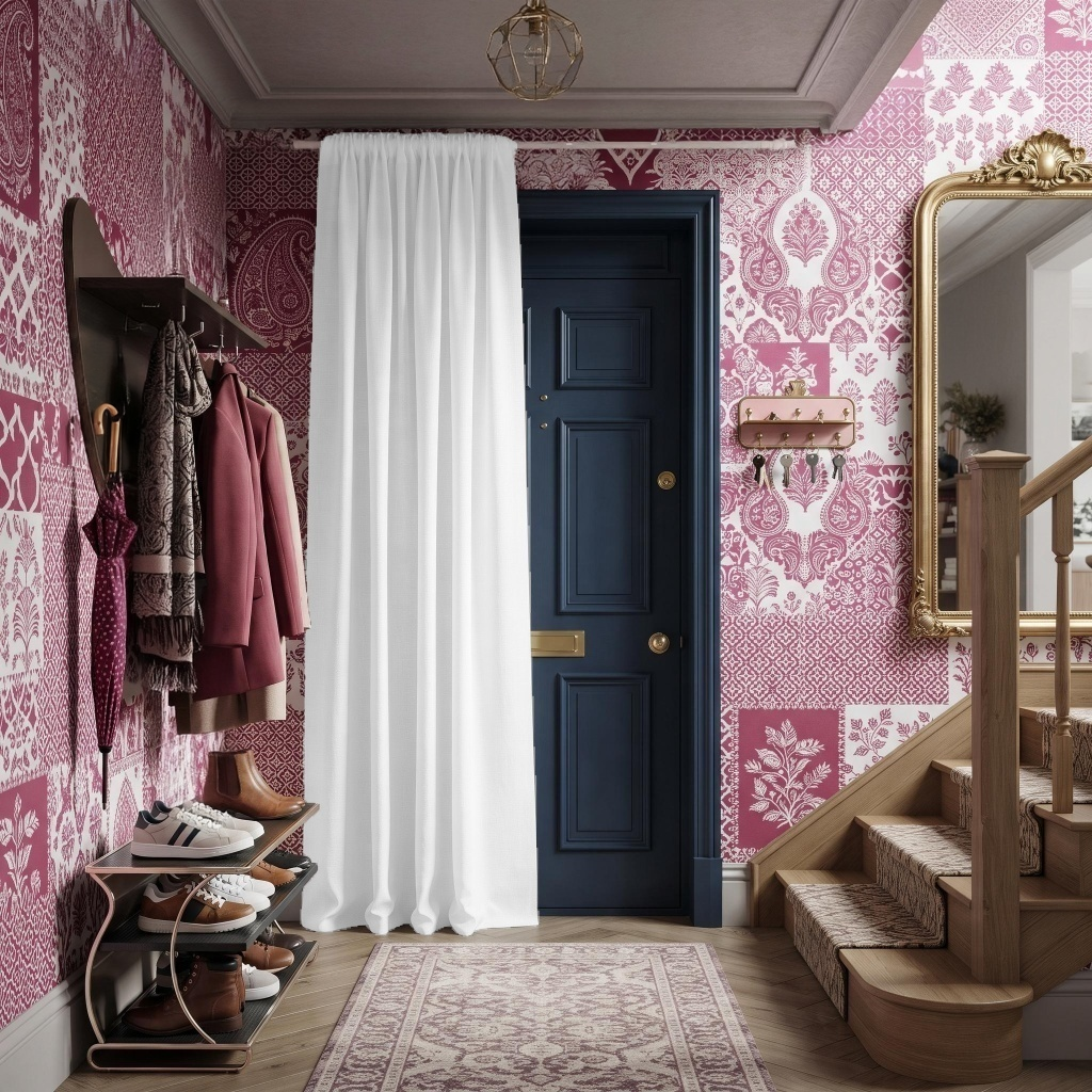 Thermal Door Curtains Rod Pocket in a Hallway with Patterned Magenta Wallpaper and an Ornate Gold Mirror