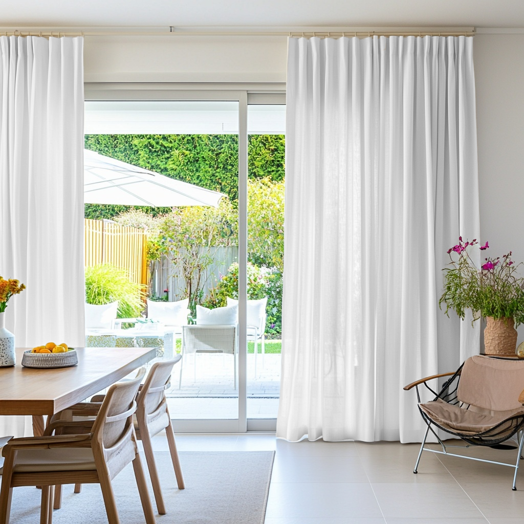 White Linen S-Fold Curtains for Bifold Doors in a Dining Room with Off-White Walls
