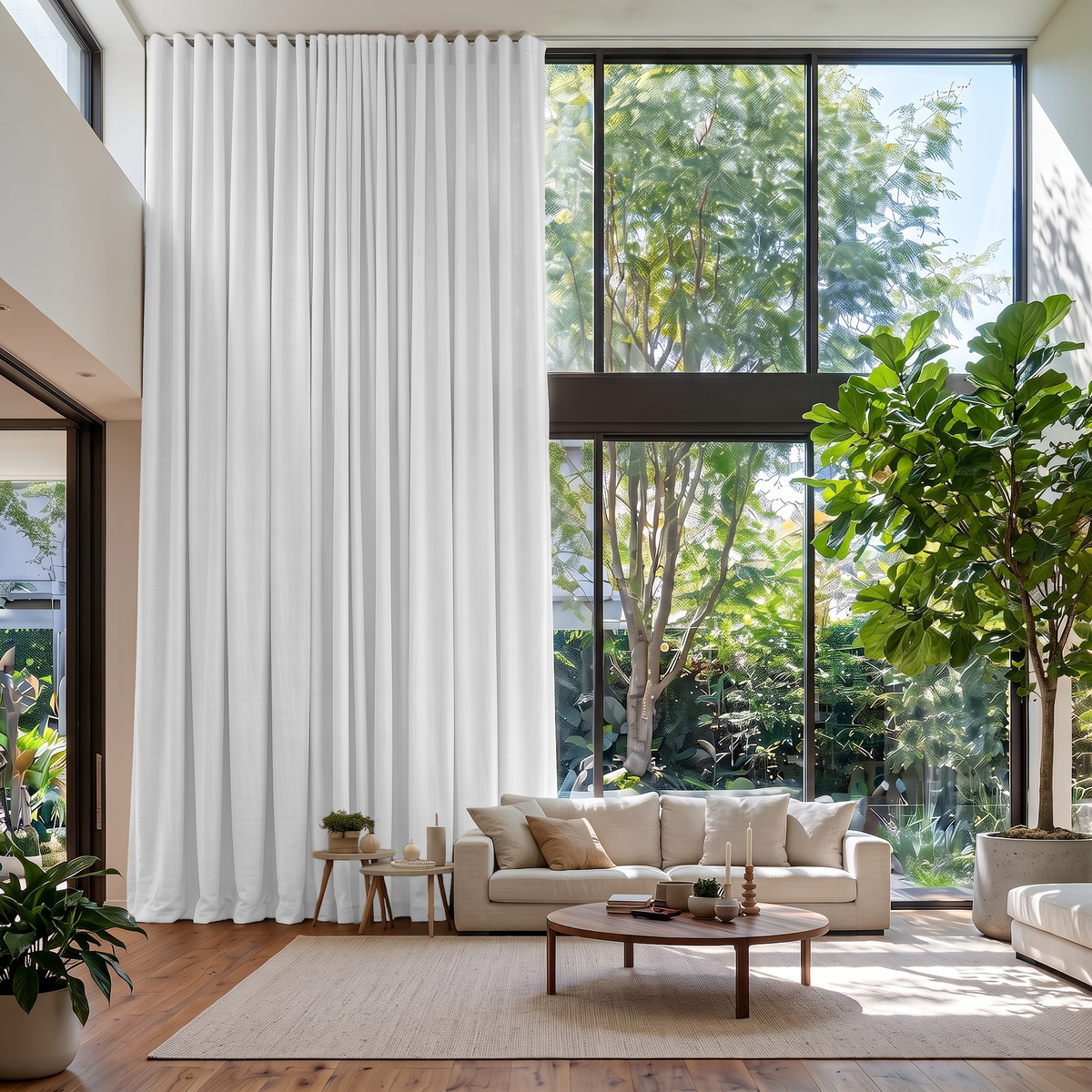White Linen S-Fold Extra Long Curtains in a Modern Contemporary Living Room with Double-Height Windows