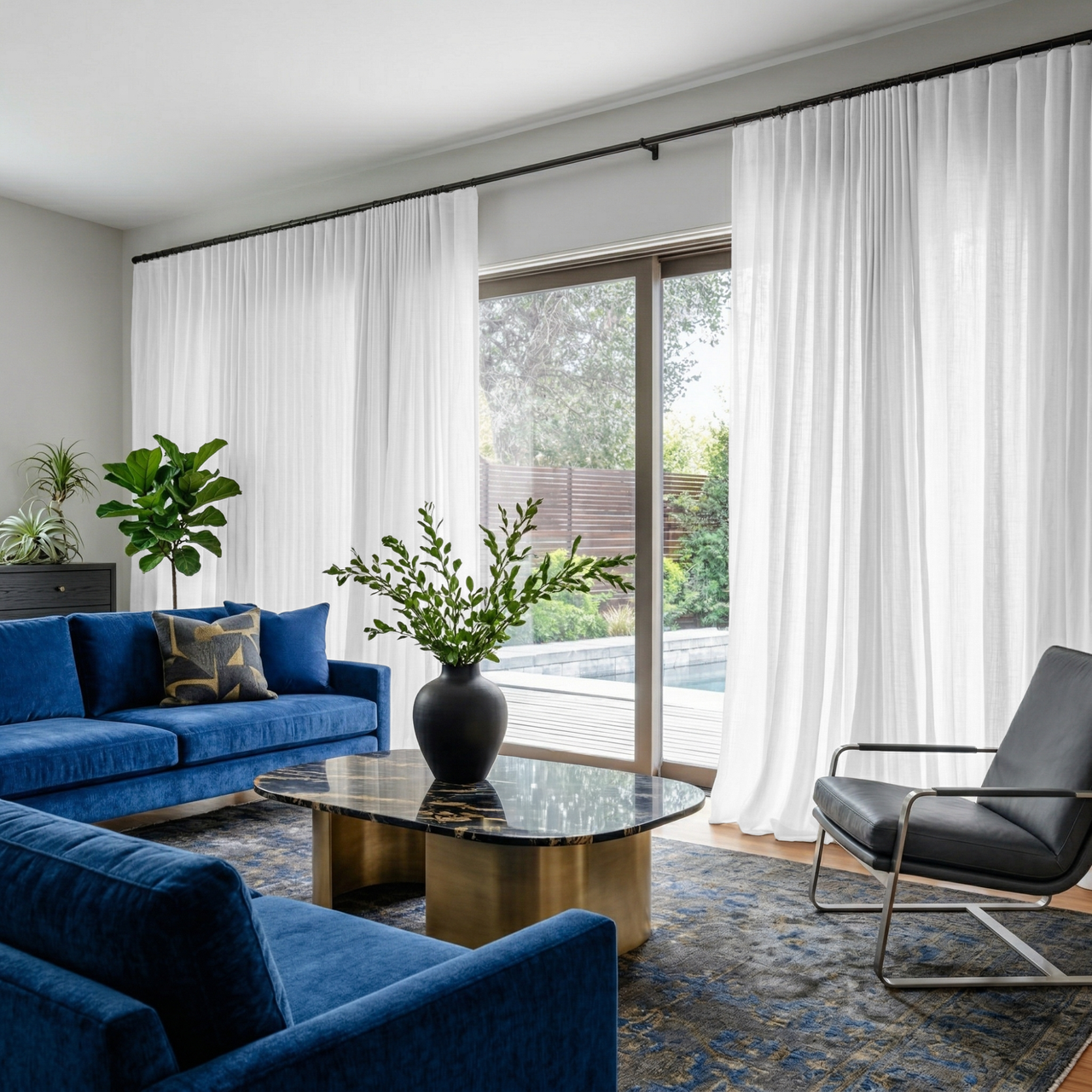 White Linen S-Fold Extra Wide Curtains for Sliding Door in a Modern Living Room with Blue Velvet Seating and Black Marble Table
